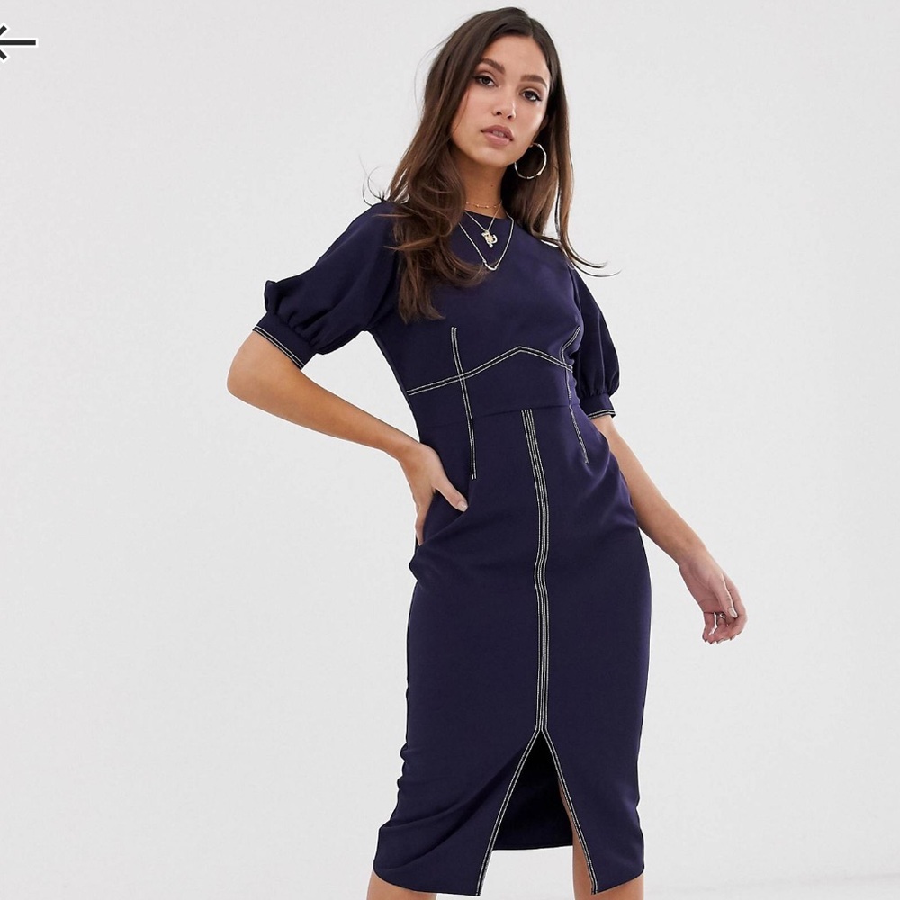 ASOS Design contrast stitch midi dress with puff sleeves size US0